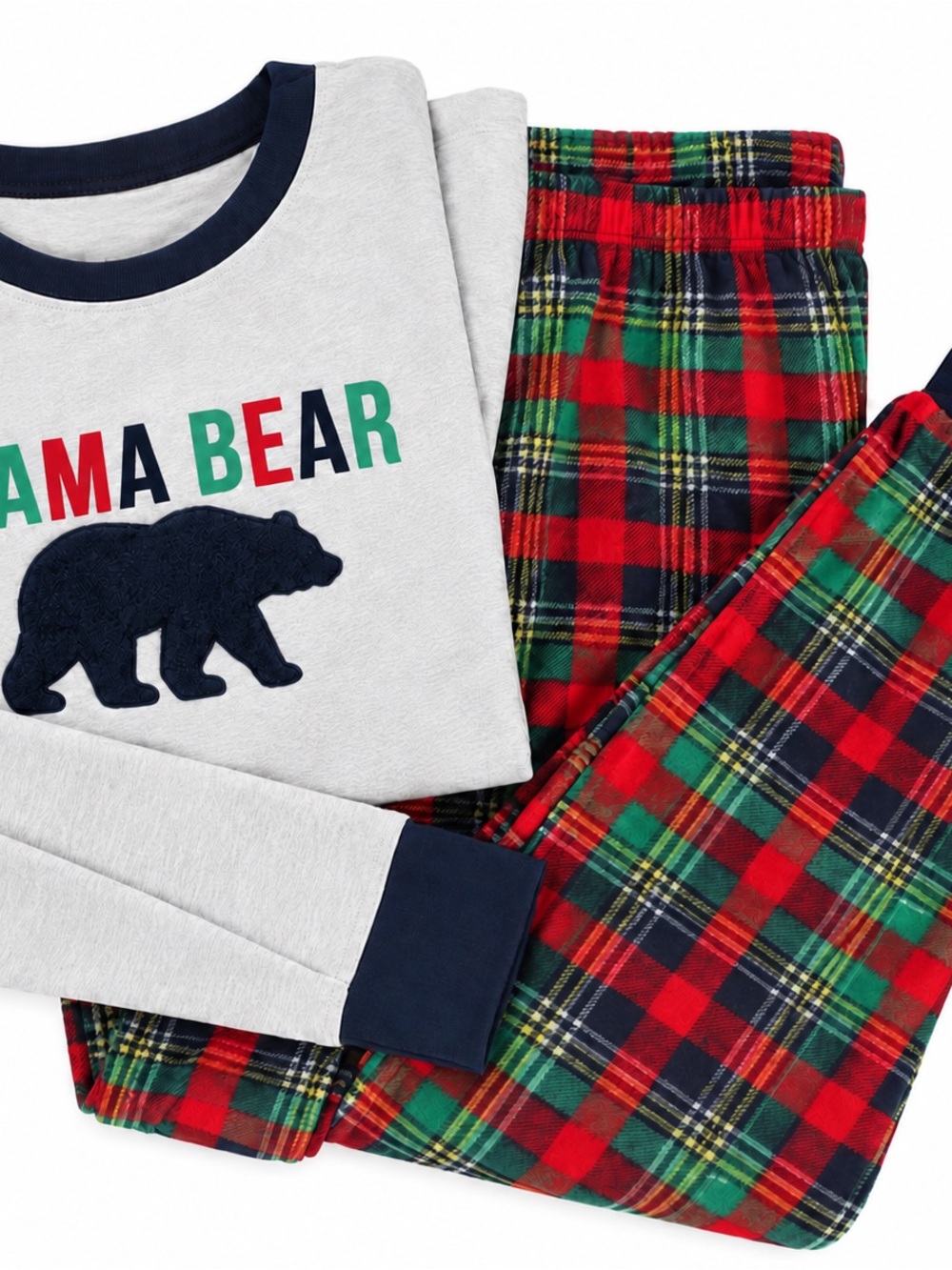 Woman’s Grey 'Mama Bear' Pajama Set with Red Plaid Pants
